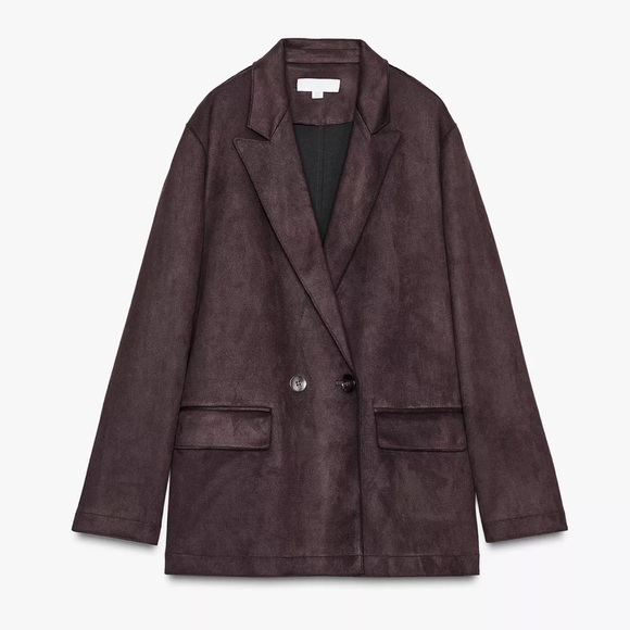 Zara NWT dark brown faux suede double breasted collared blazer jacket - Picture 7 of 10